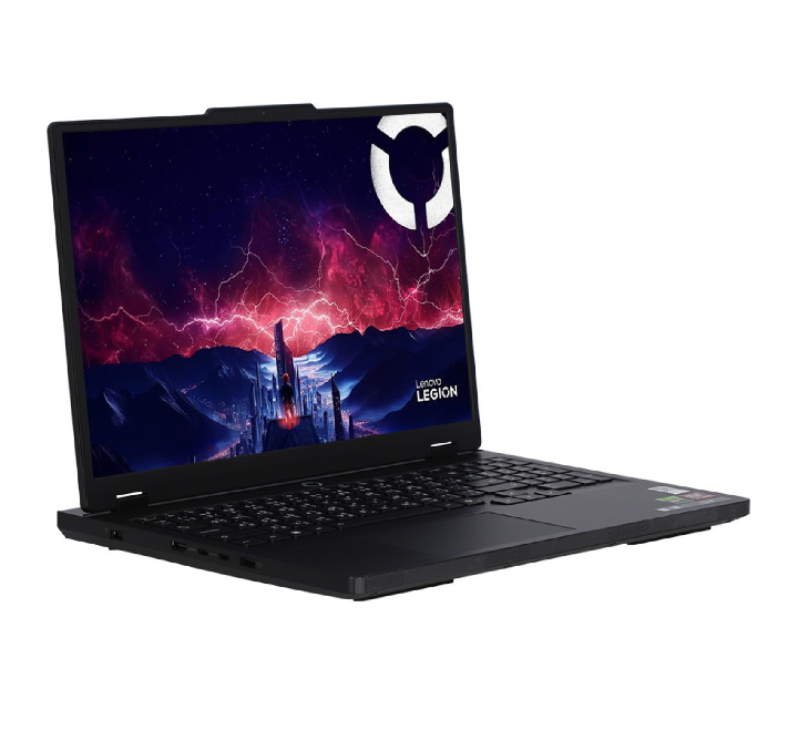 Side and partial rear structural profile view of the Lenovo Legion Pro 5 Eclipse Black laptop chassis, showcasing the high-performance cooling ventilation system and USB-C I/O layout.