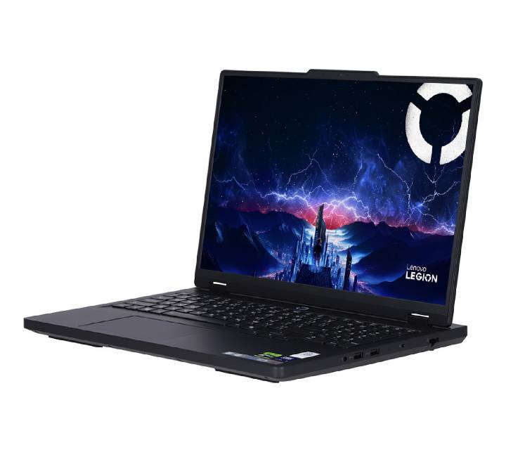 Side profile of Lenovo Legion Pro 5 laptop showcasing the Legion Coldfront Hyper cooling exhaust vents, HDMI 2.1 port, and USB-C inputs in Eclipse Black.