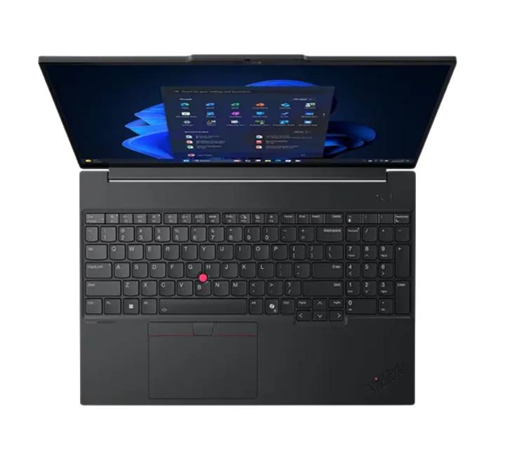 Close-up view of the ergonomic backlit keyboard and red TrackPoint on the Lenovo ThinkPad E16 Gen 3