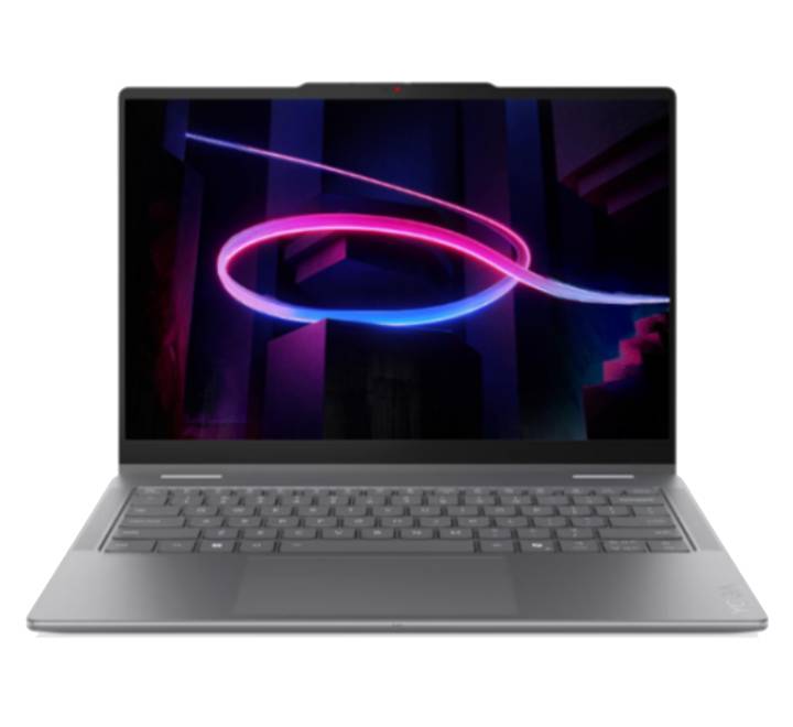 Lenovo Yoga 7 2-in-1 laptop in Luna Gray open in standard notebook mode showing keyboard and screen