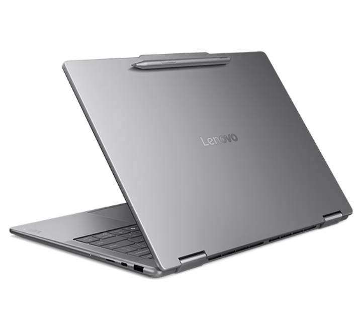 Slim aluminum side profile view of the Lenovo Yoga 7 2-in-1 showing ports and sleek craftsmanship