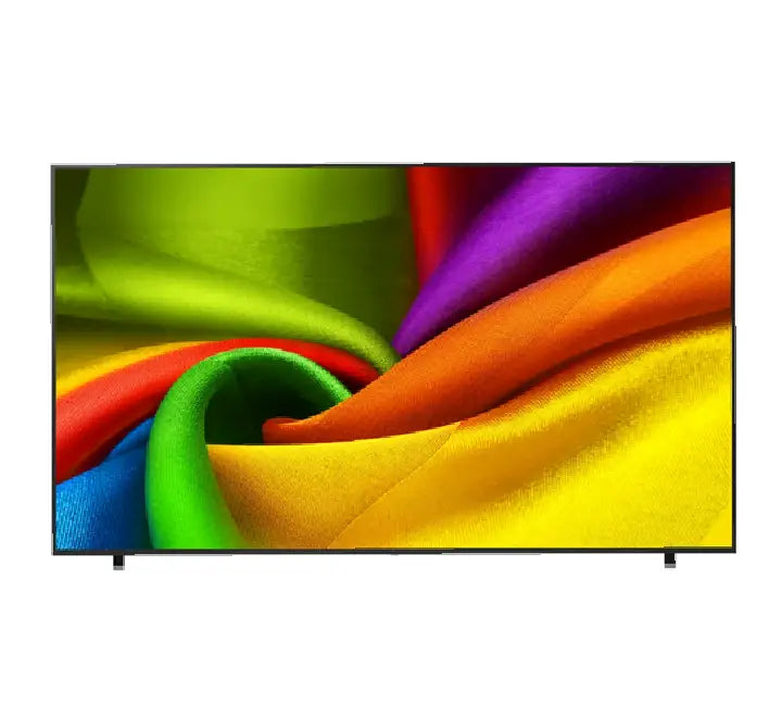 Front view of the 43 inch LG NANO 4K UHD AI NU85 Smart TV (model 43NU855BPSA) showcasing its slim bezel and high-definition smart home interface.