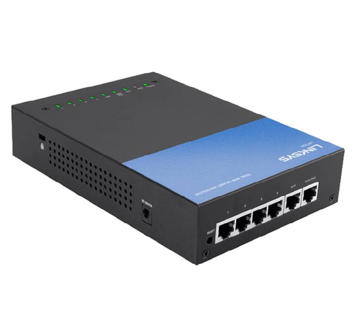 Front view of the Linksys LRT224-AP Dual WAN Gigabit VPN Router showcasing its compact blue and gray steel chassis and systemic LED status indicator lights.