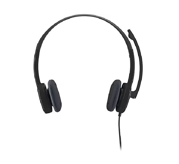 Detailed view of the flexible, noise-canceling rotating microphone boom on the Logitech H151 wired workspace headset.