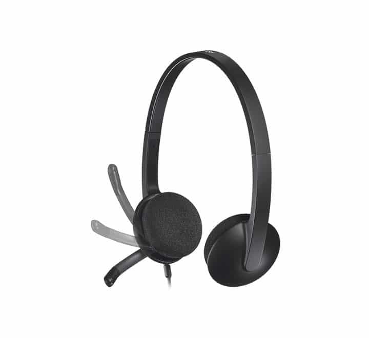 Side profile of Logitech H340 headset showing the slim adjustable headband and flexible boom microphone.