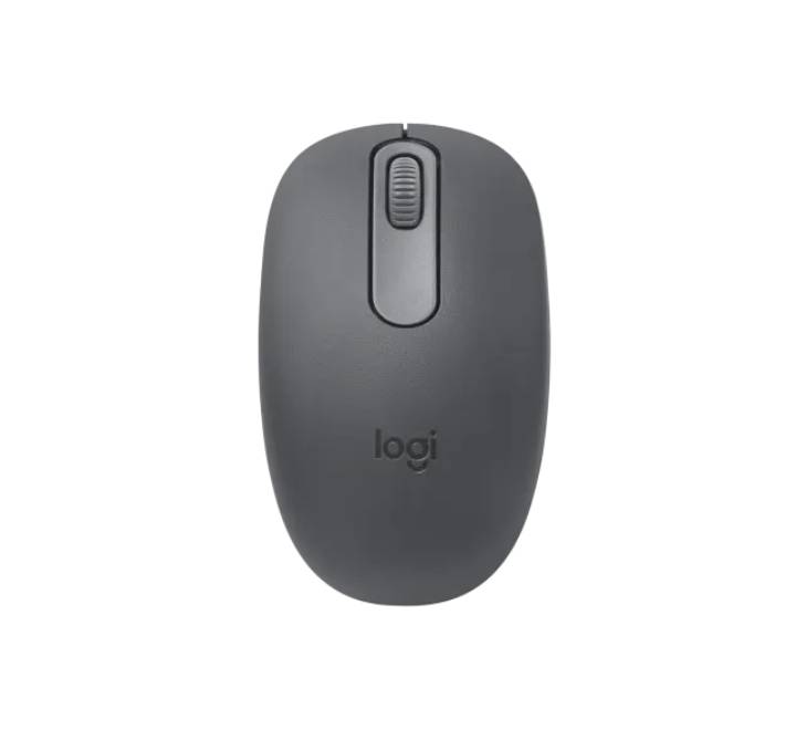 Top angled showcase of the graphite-colored Logitech M196 Bluetooth wireless mouse.