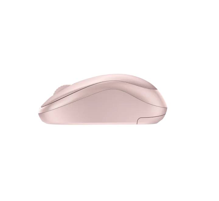Top-down view of the pink Logitech M240 wireless mouse highlighting its buttons and scroll wheel.