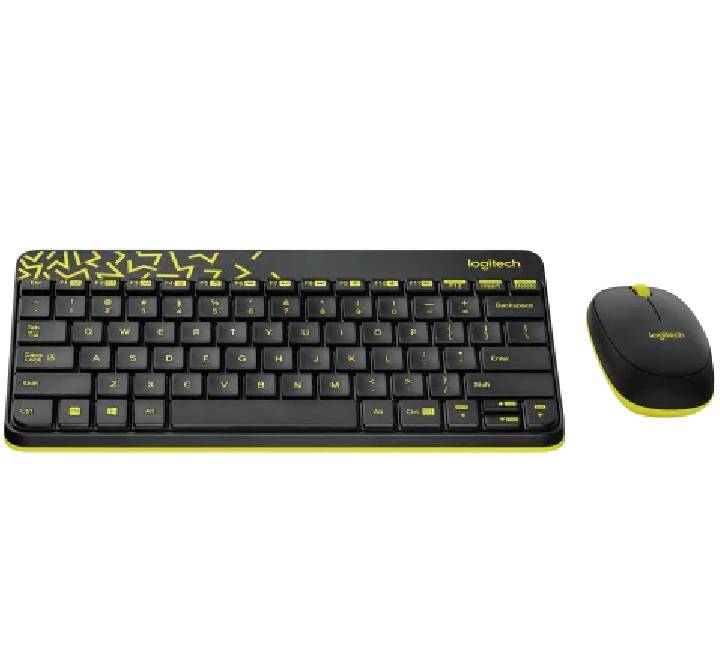 The compact Logitech MK240 keyboard and mouse arranged cleanly on a modern narrow desk setup, emphasizing clutter-free operation and small footprint.