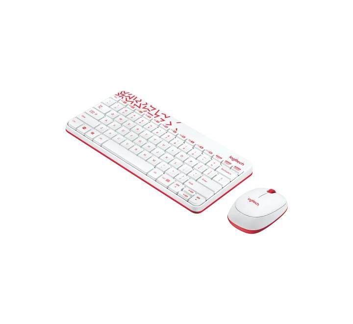 The compact Logitech MK240 White and Vivid Red keyboard and mouse arranged neatly on a modern, brightly lit home office workspace to show its small desktop footprint.