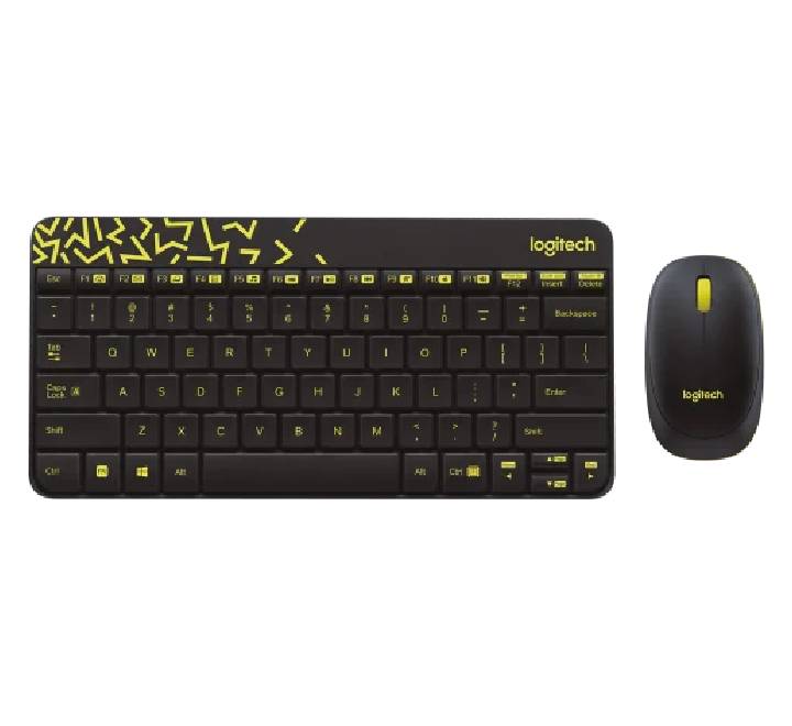 Top-down view of the Logitech MK240 Nano wireless keyboard and mouse combo in black with vibrant chartreuse yellow accents, highlighting its space-saving minimalist design.