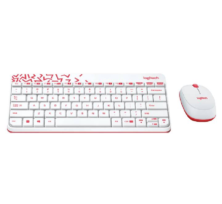 Top-down product view of the white Logitech MK240 Nano wireless keyboard and matching mouse combo decorated with striking vivid red accents.
