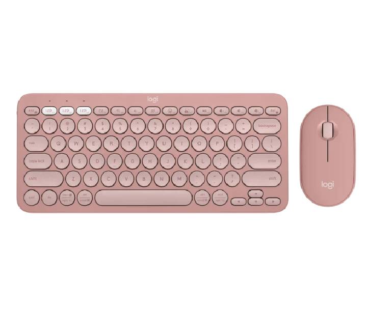 Top angled product showcase of the slim pink Logitech Pebble 2 wireless keyboard and mouse combo.