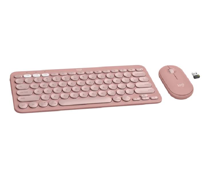 Close-up profile of the low-profile round keys and pink easy-switch Bluetooth buttons on the Pebble Keys 2 wireless keyboard.