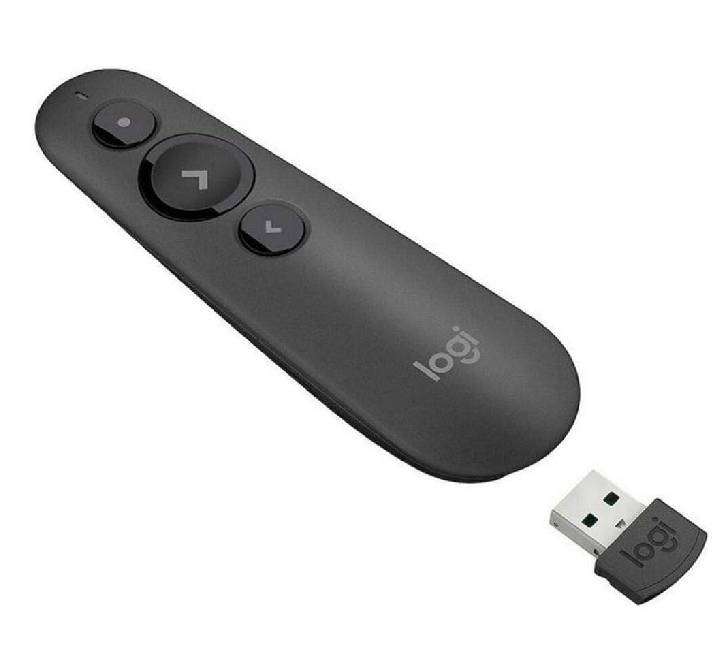 Close-up view of the three intuitive slide navigation buttons on the Logitech R500s presenter