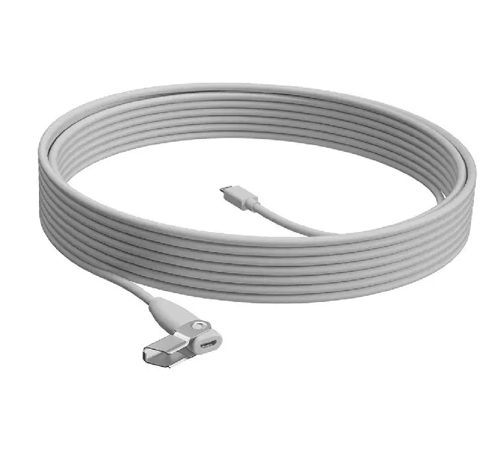 Coiled Logitech Rally Mic Pod Extension Cable (10 meters) in graphite black.