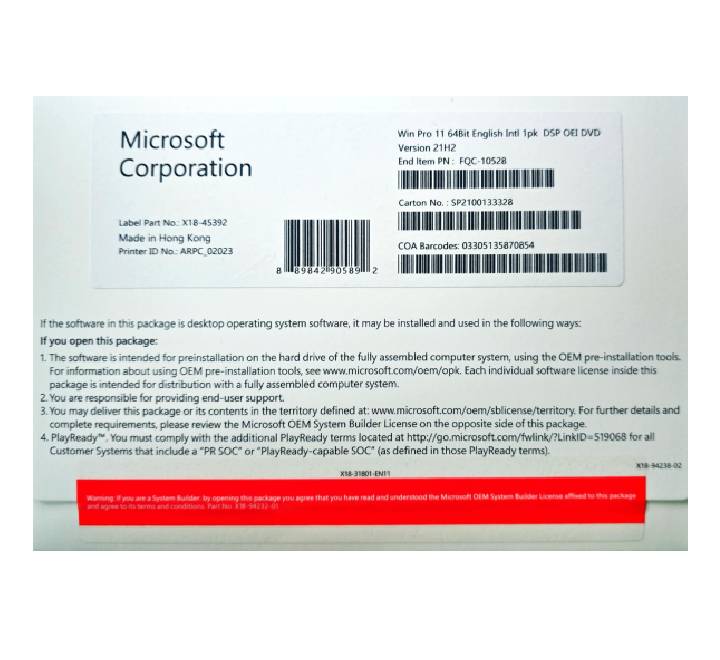 Microsoft Windows 11 Pro 64-Bit DSP OEI DVD OEM physical package