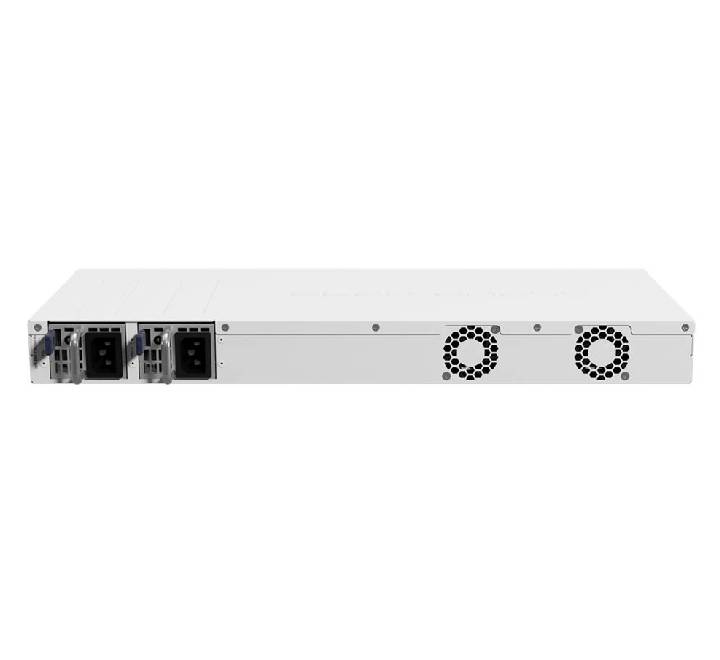 MikroTik CCR2004-16G-2S+ rear view showing dual redundant power supplies