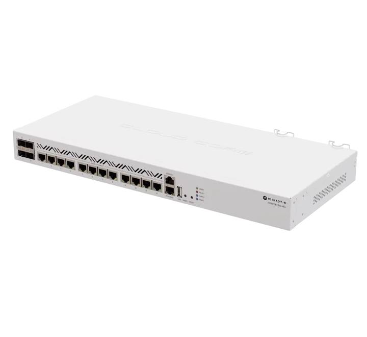 Rear view of the MikroTik CCR2116-12G-4S+ router showcasing the dual hot-swappable redundant AC power supply units and cooling fans.