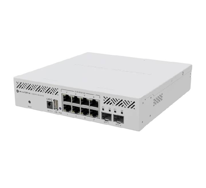 Rear perspective of MikroTik CRS310-8G-2S+IN desktop switch showing DC power jack and passive cooling vents.