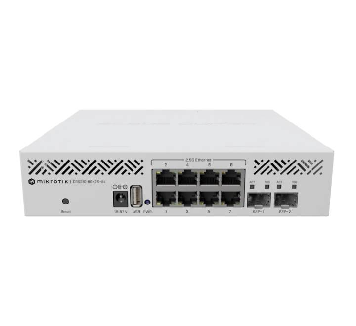 Front view of MikroTik CRS310-8G-2S+IN switch displaying 8 Gigabit Ethernet ports and 2 10G SFP+ cages.