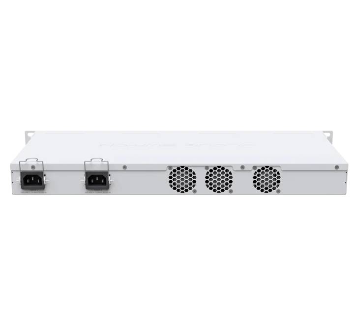 Rear panel of MikroTik CRS326-24S+2Q+RM switch highlighting dual redundant AC power supply modules and cooling fans.