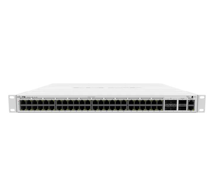 Front view of MikroTik CRS354-48P-4S+2Q+RM switch featuring 48 Gigabit PoE+ RJ45 ports, 4 10G SFP+ ports, and 2 40G QSFP+ ports.