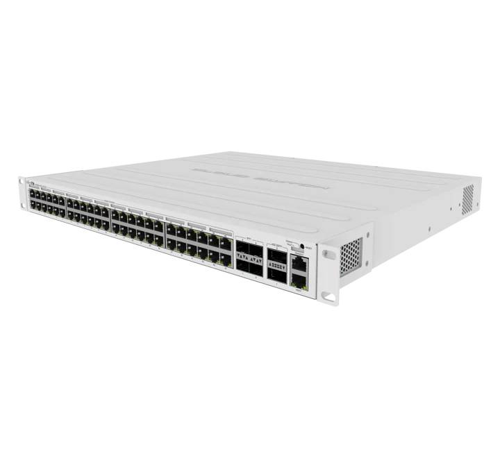 Rear view of MikroTik CRS354-48P-4S+2Q+RM managed PoE switch showing internal cooling fans, AC power input, and rackmount ear attachments.