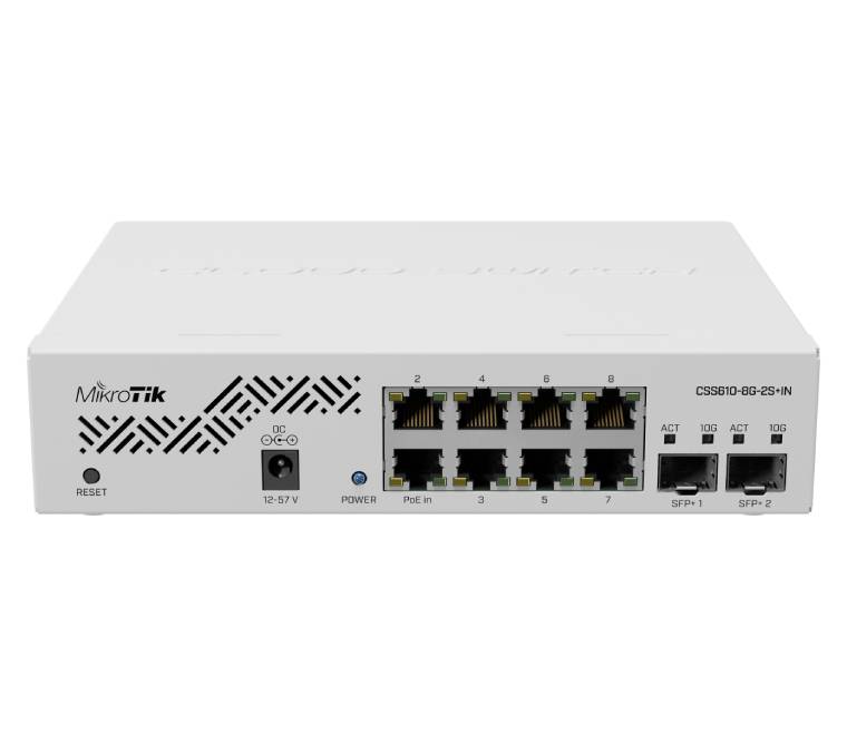 MikroTik CSS610-8G-2S+IN switch front panel showing 8 Gigabit ports and 2 SFP+ slots.