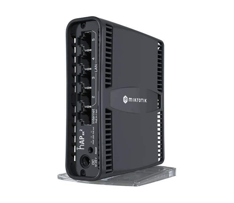 MikroTik hAP ax² Wi-Fi 6 gigabit router standing upright on its desktop mount
