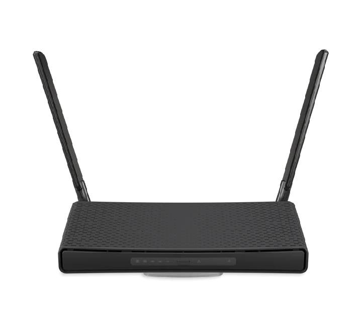 MikroTik hAP ax3 Wi-Fi 6 home router front view featuring external high-gain antennas