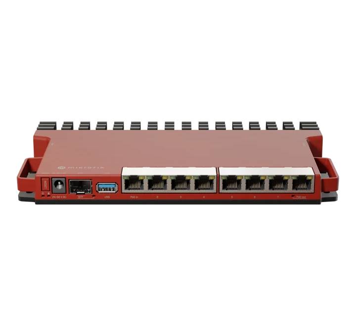 MikroTik L009UiGS-RM dual-core ARM rackmount router showing the front panel with 8 Gigabit Ethernet ports and SFP cage.