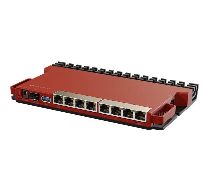 Close-up view of MikroTik L009UiGS-RM ports including the 2.5G SFP slot, USB 3.0 port, and serial console connection.