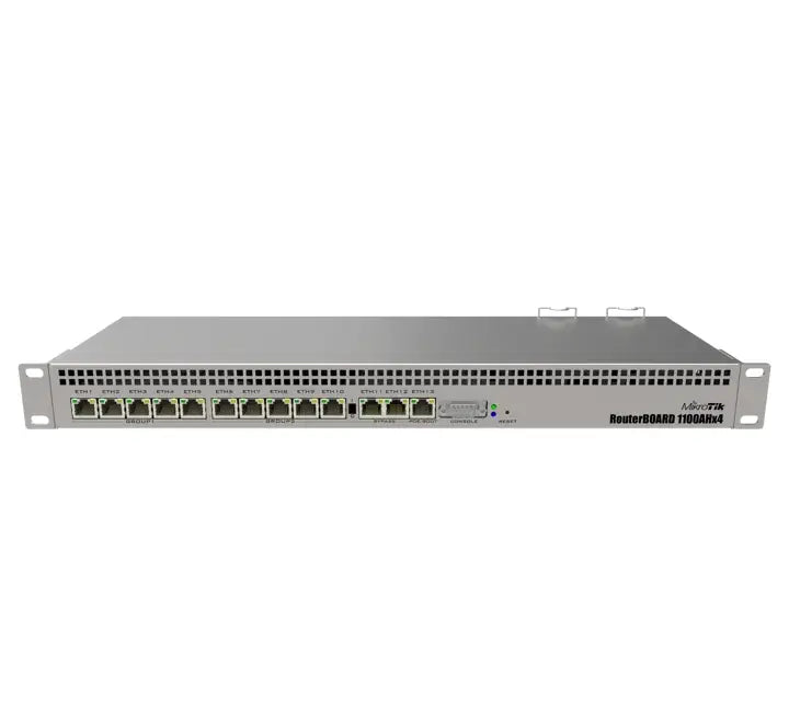 Front interface layout of the 1U rackmount MikroTik RB1100AHx4 enterprise router showing the 13 labeled Gigabit ports and RS232 console.