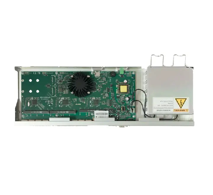Complete packaging contents of the MikroTik RB1100AHx4 including pre-fitted 19 inch server rackmount brackets and power lines.