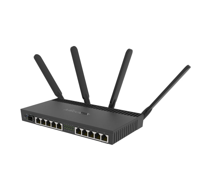 Rear panel of MikroTik RB4011 router displaying 10 Gigabit Ethernet ports and 10Gbps SFP+ slot