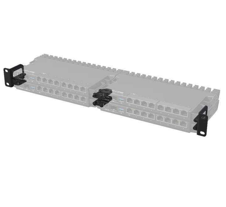 Four MikroTik RB5009 routers mounted together in a single 1U 19-inch server rack using the K-79 bracket kit.