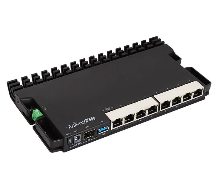 MikroTik RB5009UG+S+IN router deployed in a professional high-speed network environment.