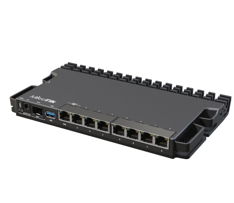 Close-up of the MikroTik RB5009 router showing Gigabit, 2.5G, and 10G SFP+ ports.