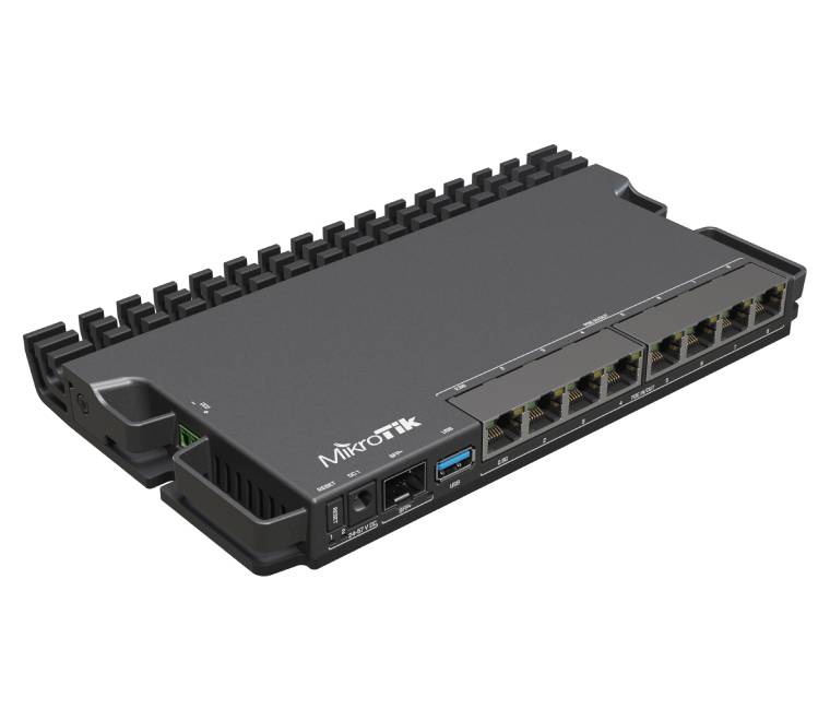 Close-up of MikroTik RB5009UPr+S+IN back panel showing PoE-in, PoE-out ports, and power terminals