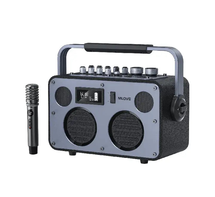 MLOVE Rangers S3Pro portable karaoke speaker in black showing control panel and front speaker grille