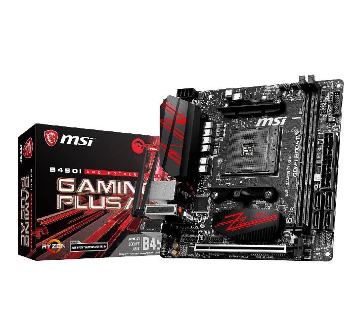 MSI B450I GAMING PLUS AC Mini-ITX motherboard top view showing the AM4 socket and red accents.