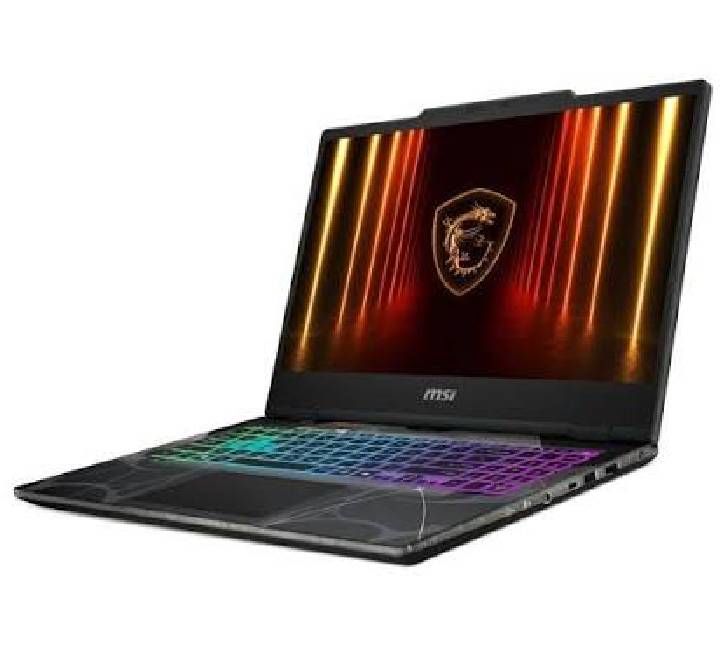 Close-up of the MSI Cyborg 15 4-zone RGB backlit keyboard and translucent neon WASD keys.