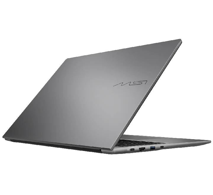 Side profile of the MSI Modern A16 LE showing slim chassis and comprehensive I/O connectivity ports.