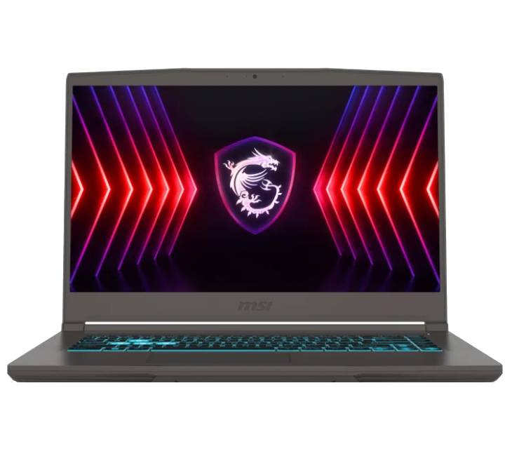 MSI Thin 15 B13UC 2415TH gaming laptop in Cosmos Gray showing blue backlit keyboard and 144Hz display