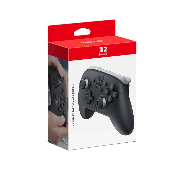 Front view of the official black Nintendo Switch 2 Pro Controller featuring the ergonomic layout, refined analog sticks, and GameChat C button.