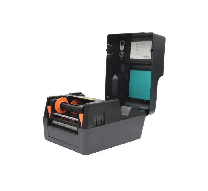 Open view of Nippon RP-400H label printer showing thermal transfer ribbon and roll paper installation