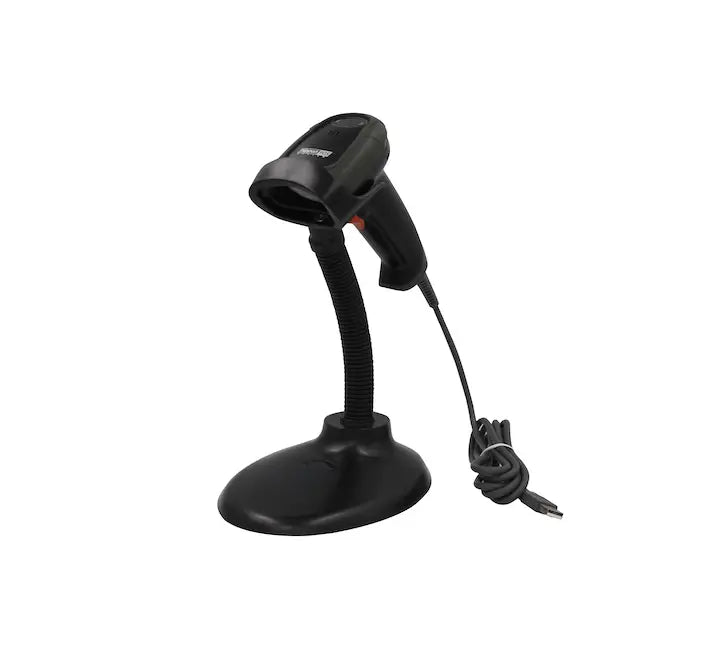 Nippon SC-568 1D 2D handheld barcode scanner in black mounted on adjustable stand