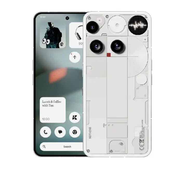 Front and rear presentation of the Nothing Phone (3) in White, highlighting its 6.67-inch flexible OLED screen panel, premium aluminum frame, and transparent glass back showing the Monochromatic LED Glyph Matrix interface.