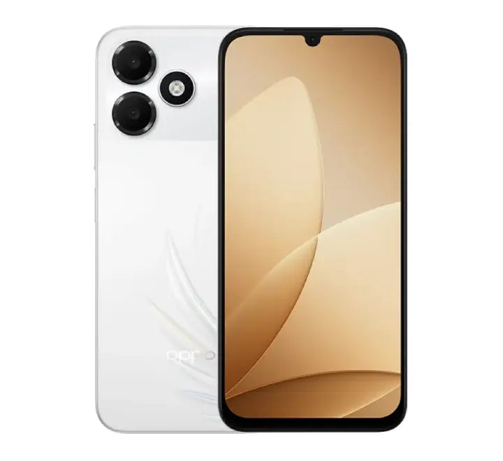 An angled studio shot of the OPPO A6c in Feather White, emphasizing its large 120Hz display and sleek profile.