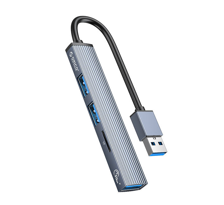 ORICO AH-A12F ultra-slim aluminum 4-in-1 multi-port USB 3.0 expansion hub with TF card reader slot.